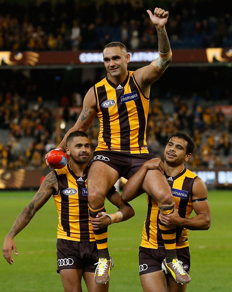 AFL 2016 Rd 05 - Hawthorn v Adelaide Shaun Burgoyne is chaired from the field after his 300th match by Bradley Hill and Cyril Rioli - Indigenous,AFL,Shaun Burgoyne